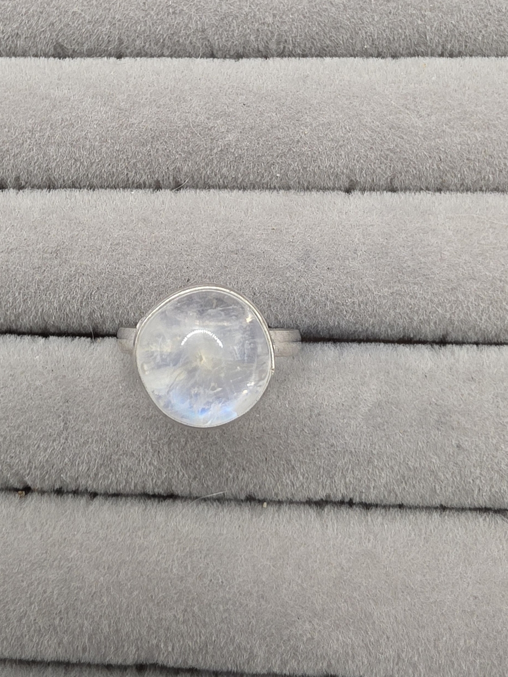 Silver Plated Moonstone Statement Ring Size 8 1/4 - White/Blue Flash